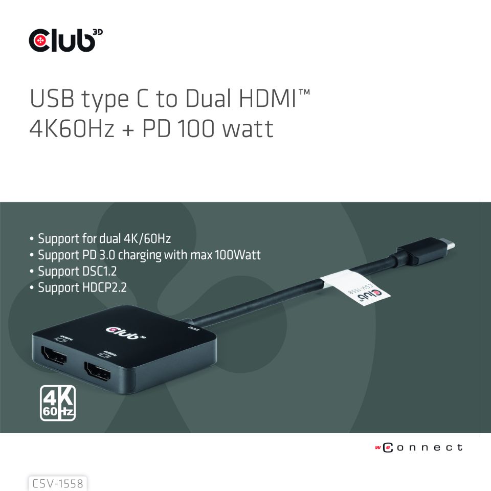 Club 3D Videoadapter USB Typ-C zu Dual HDMI + PD 100 Watt