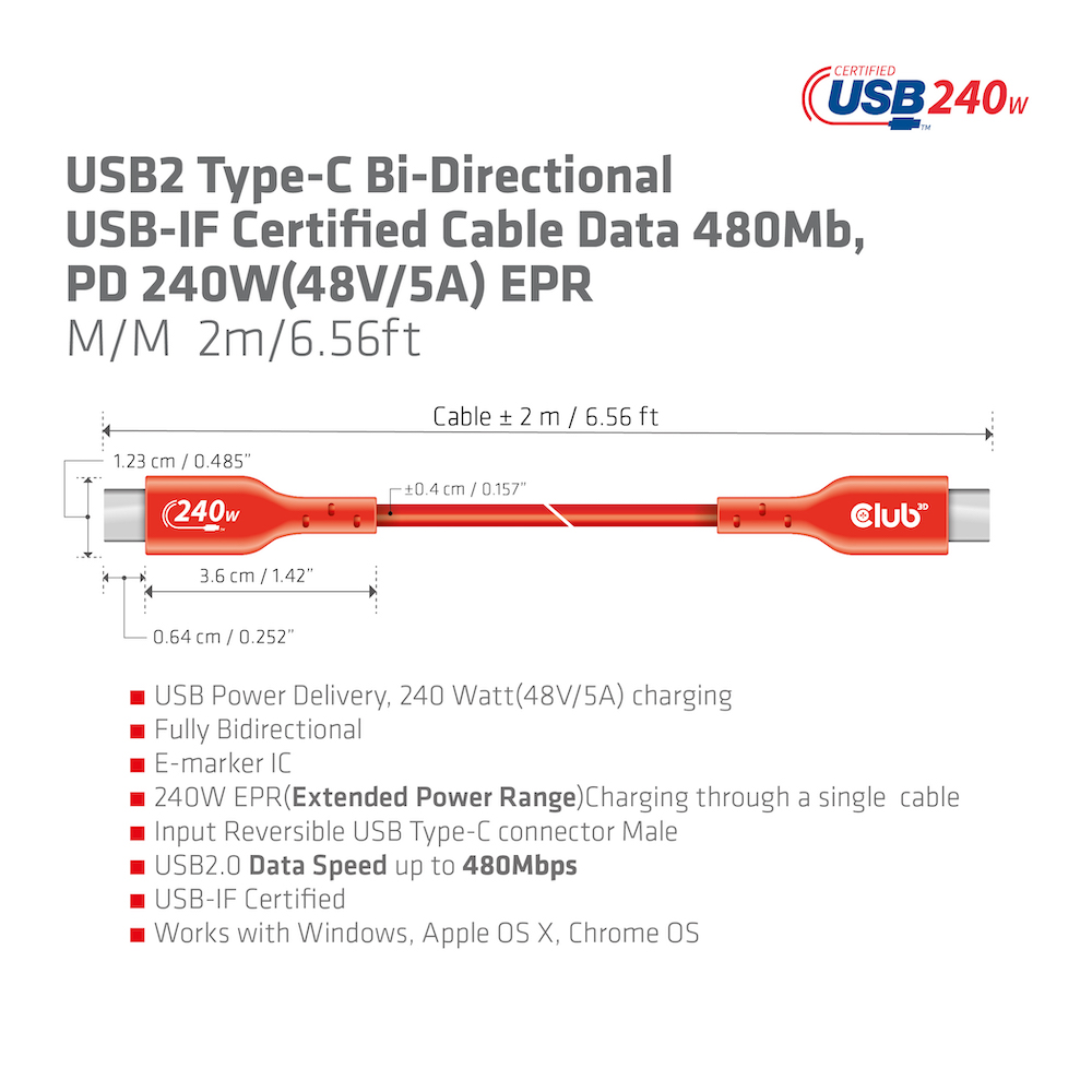 Club 3D USB 2 Typ-C Datenkabel - 2m