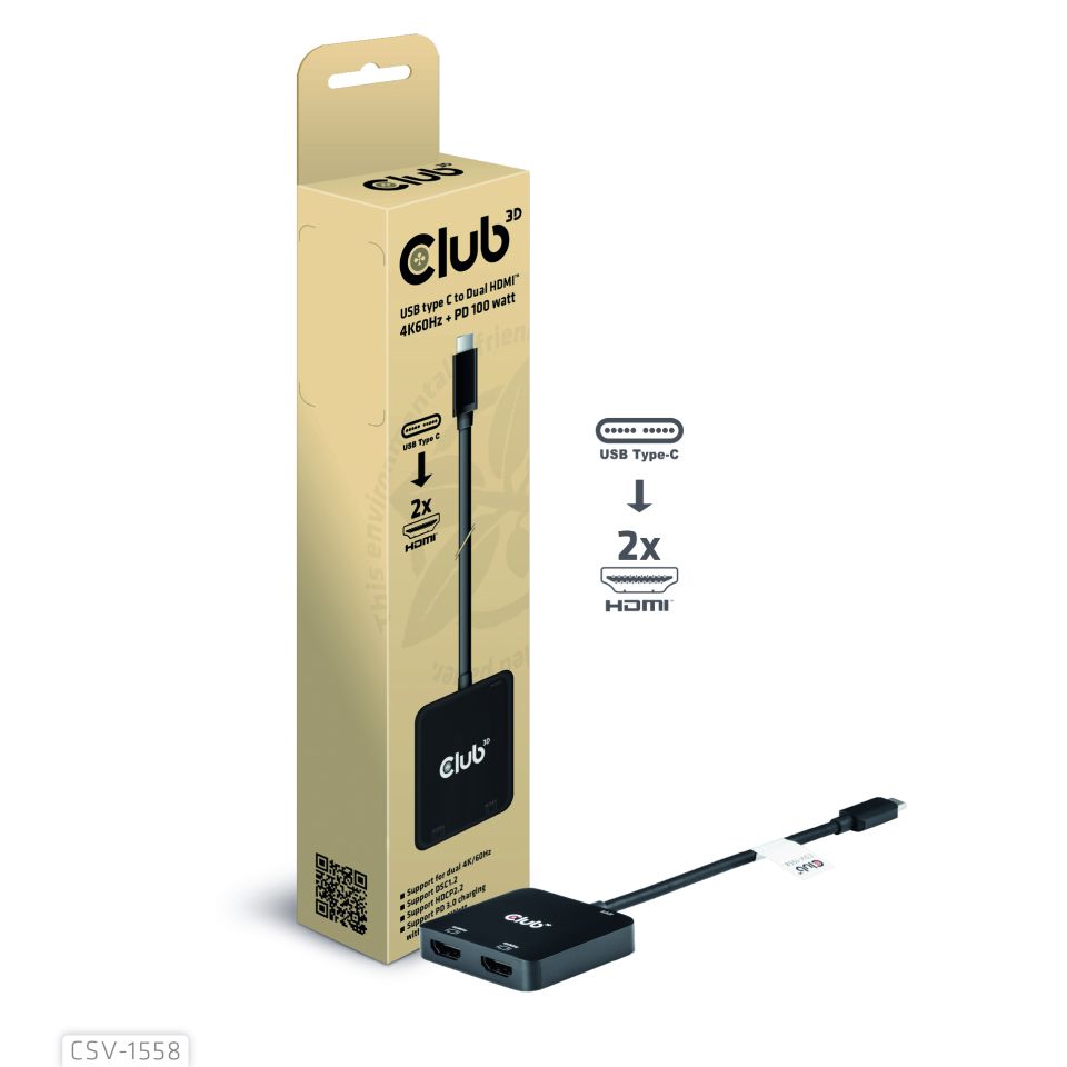 Club 3D Videoadapter USB Typ-C zu Dual HDMI + PD 100 Watt