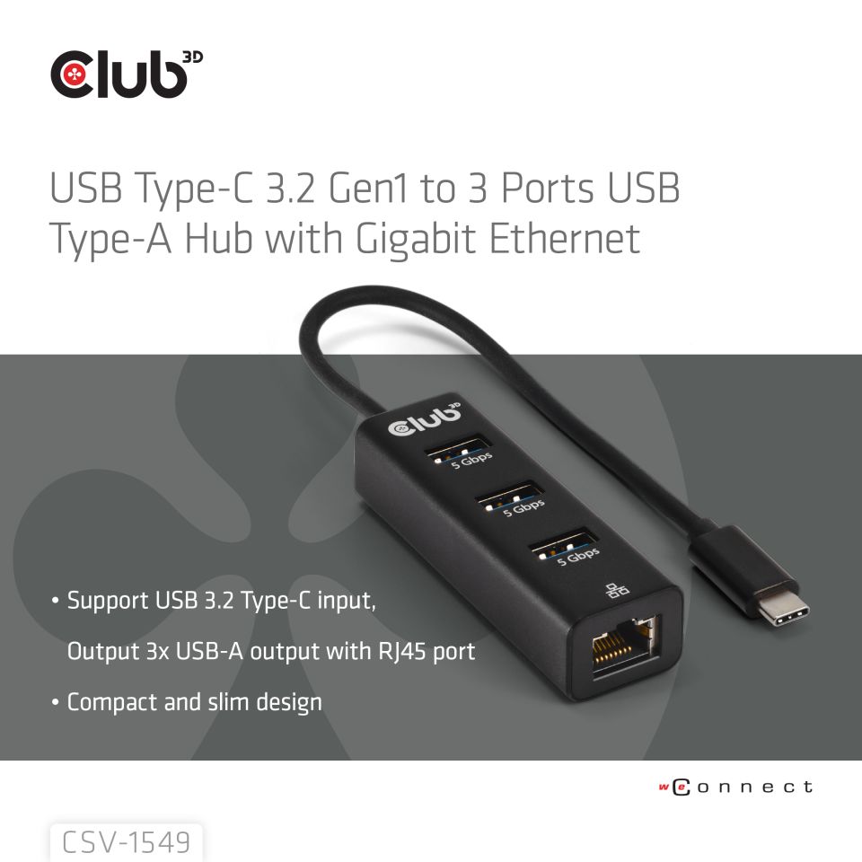 Club 3D USB-C Dockingstation USB-A + Gigabit Ethernet 