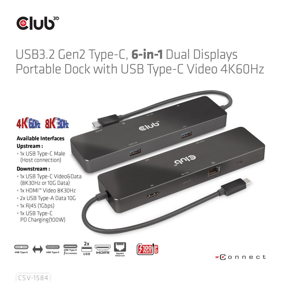 Club 3D USB-C Dockingstation 6-in-1  Dual Displays 