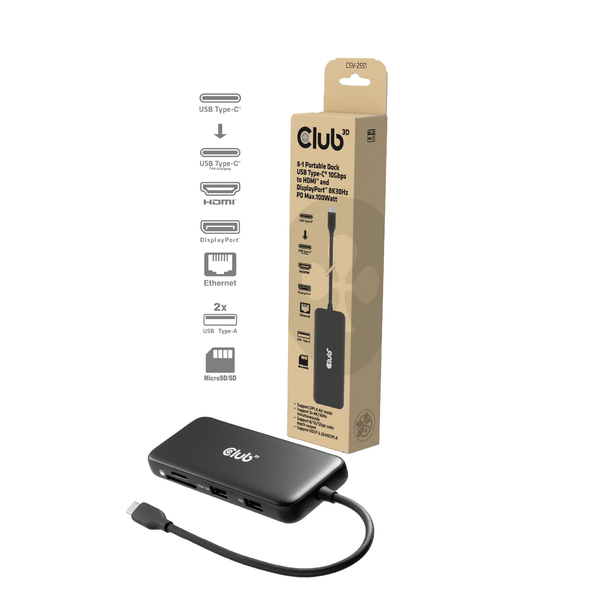 Club 3D USB-C Dockingstation Dual Display 8K30Hz 8 in 1
