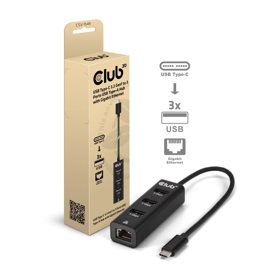 Club 3D USB-C Dockingstation USB-A + Gigabit Ethernet 