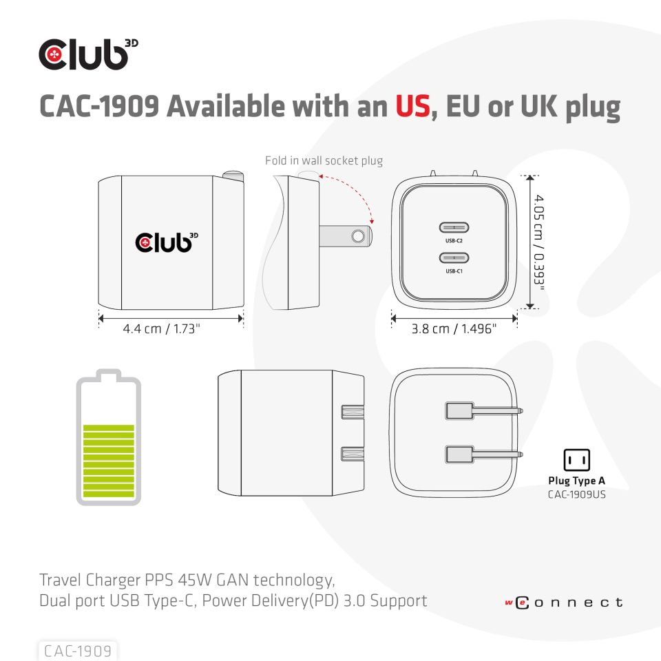 Club 3D Reiseladegerät - 45W