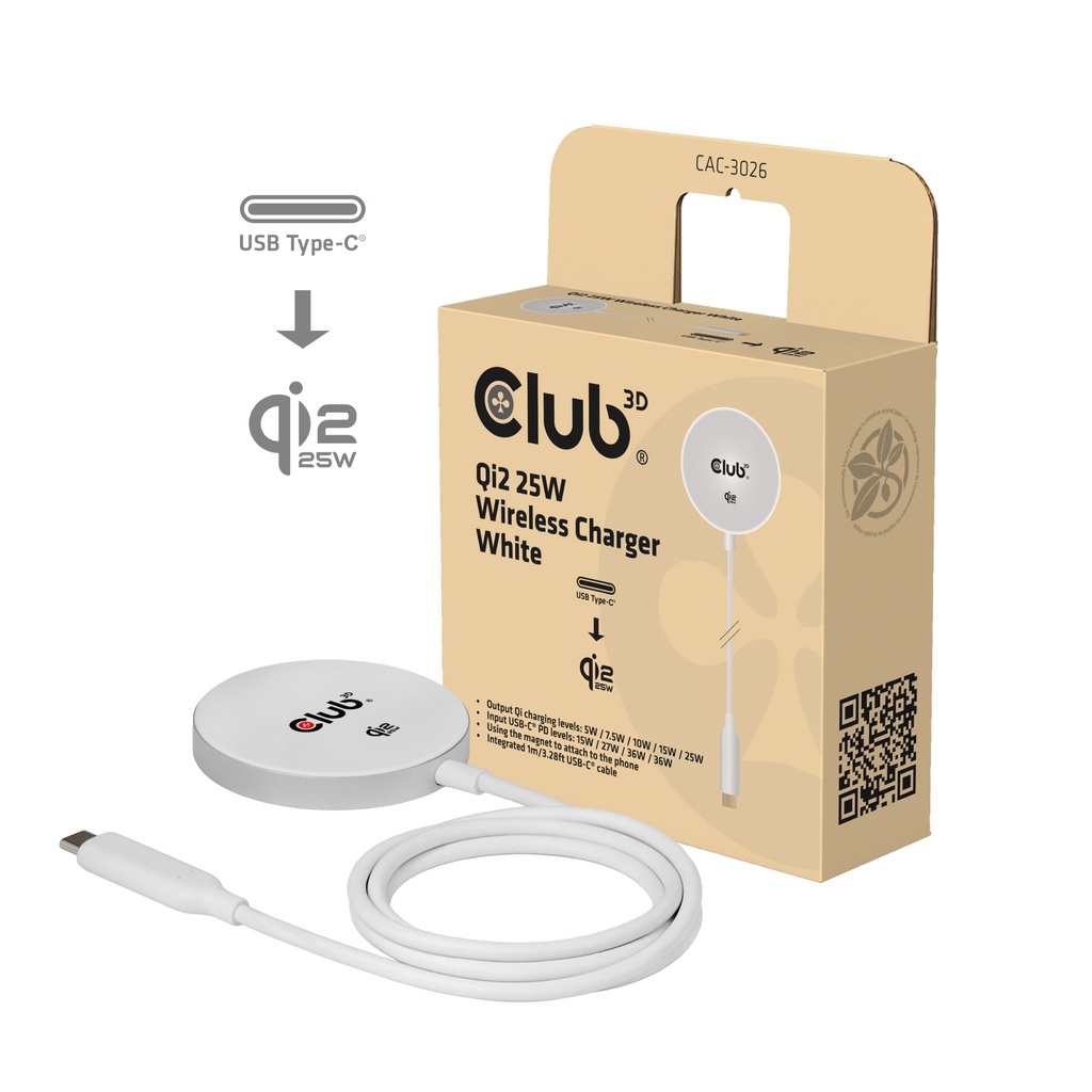Club 3D Qi2 - Ladegerät 25W - weiss