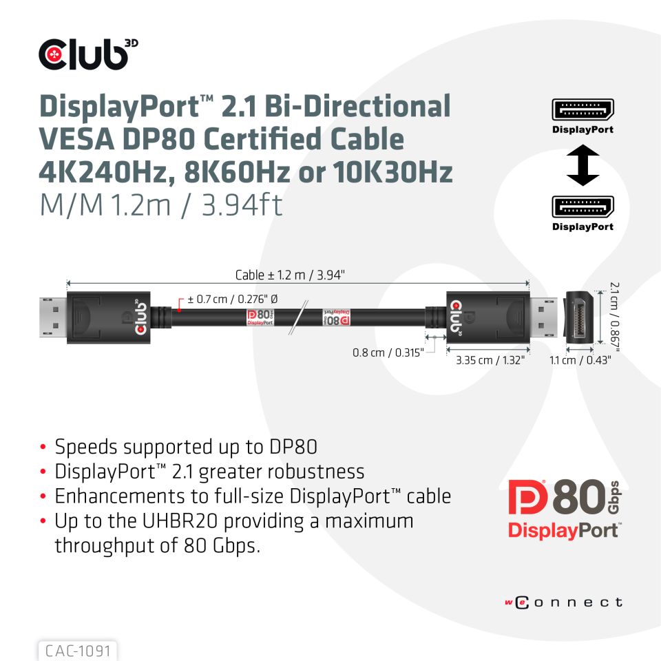 Club 3D DisplayPort™ 2.1 Kabel - 1,2m
