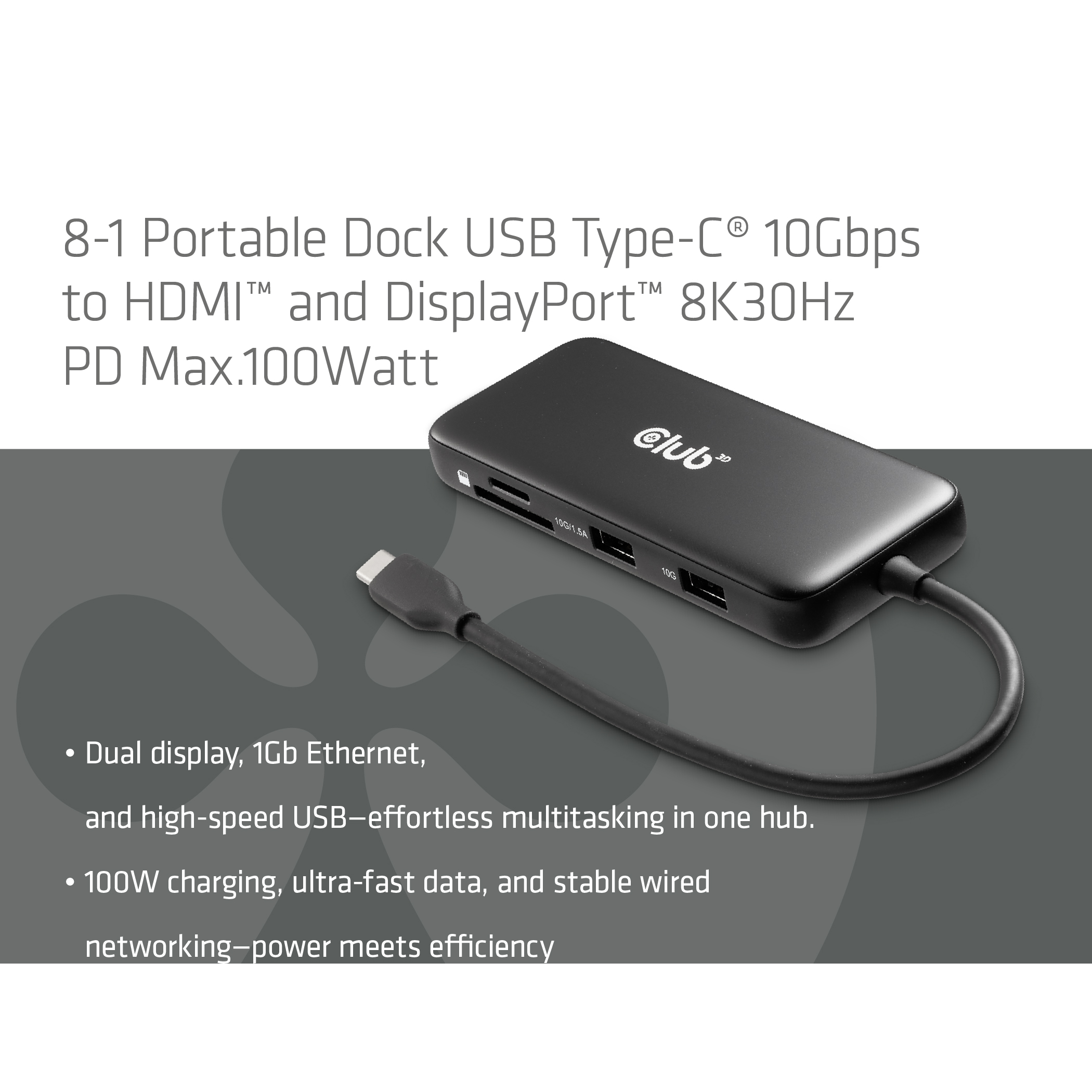 Club 3D USB-C Dockingstation Dual Display 8K30Hz 8 in 1