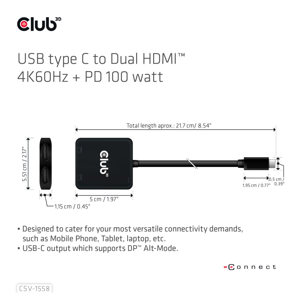 Club 3D Videoadapter USB Typ-C zu Dual HDMI + PD 100 Watt