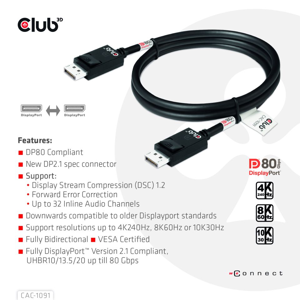 Club 3D DisplayPort™ 2.1 Kabel - 1,2m