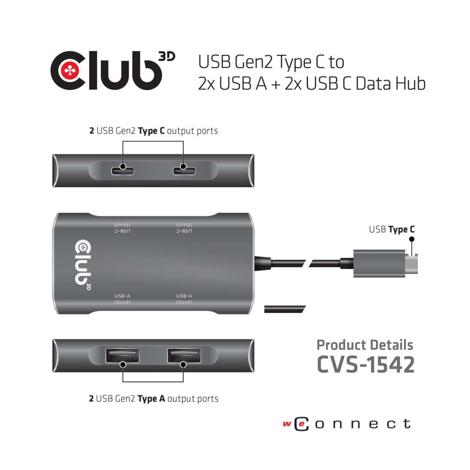 Club 3D USB Typ-C auf 2x USB A + 2x USB C Daten Hub