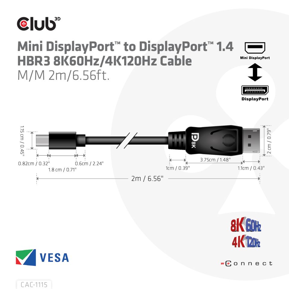 Club 3D Adapterkabel Mini DisplayPort auf DisplayPort 1.4 - 2m