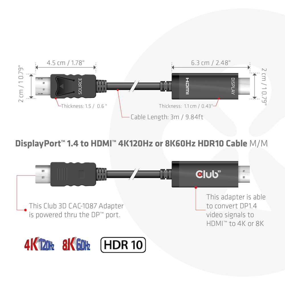 Club 3D DisplayPort 1.4 auf HDMI Kabel - 3 m