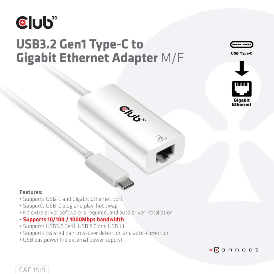 Club 3D USB 3.2 Typ-C auf Gigabit Ethernet Adapter