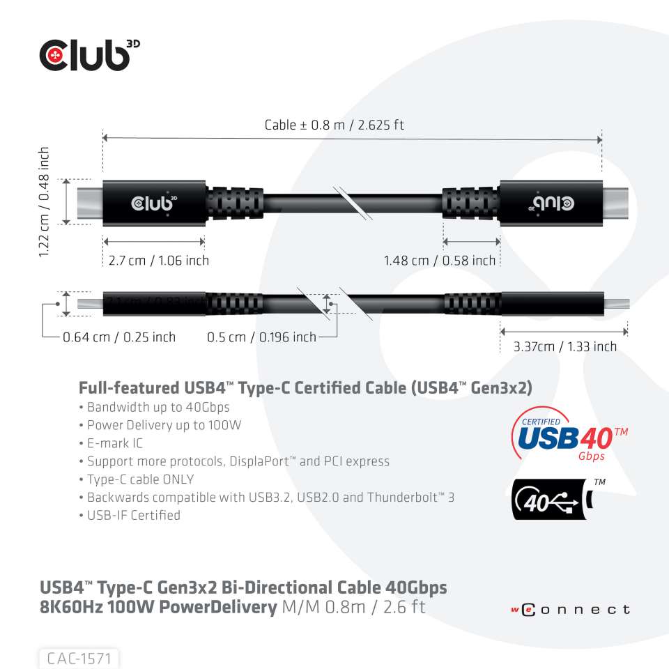Club 3D USB 4 Typ C Anschlusskabel - 0,8m