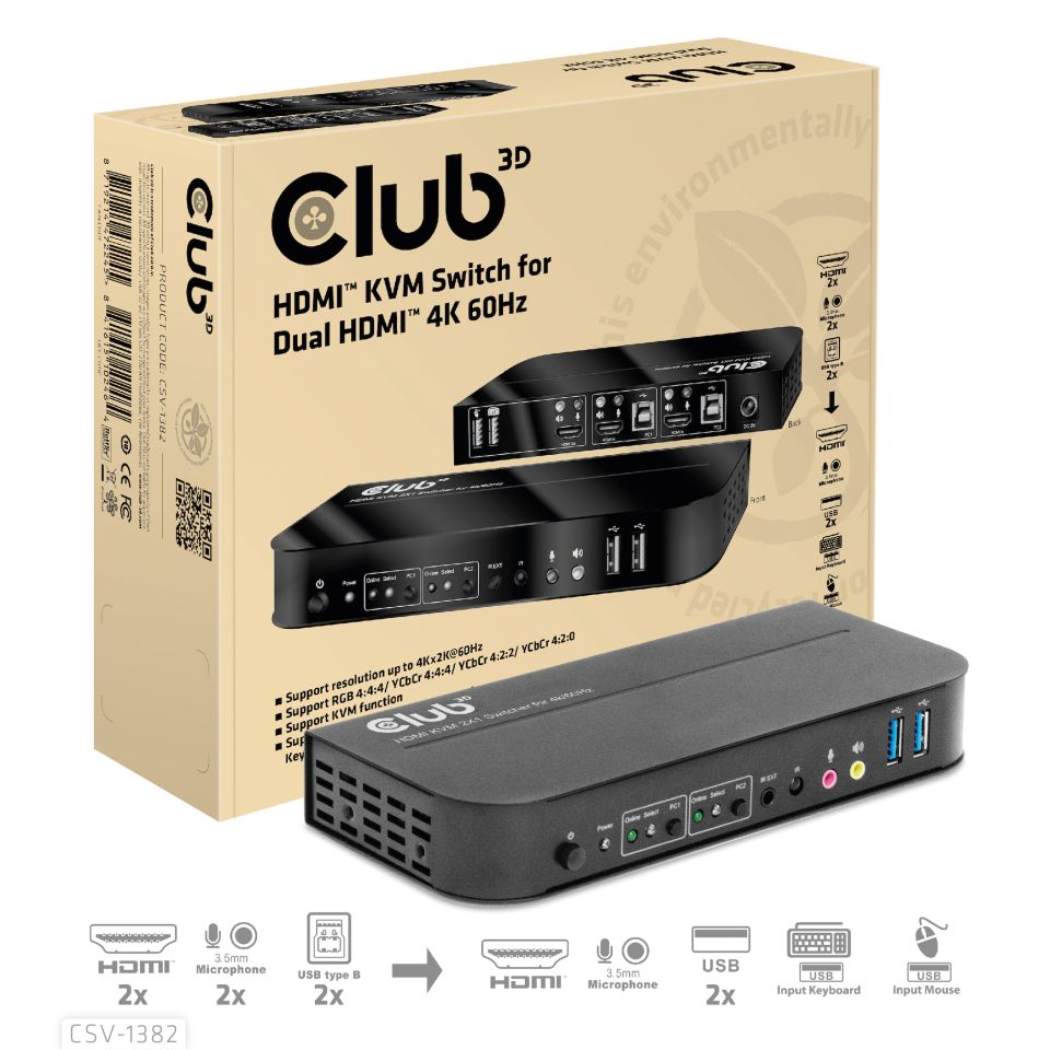 Club 3D KVM-/Audio-Switch für Dual HDMI